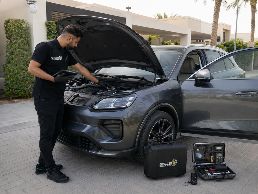 AutoFay technician inspecting underbody, frame and drivetrain during a comprehensive inspection