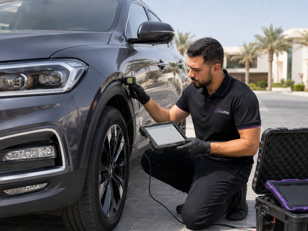 Technician measuring paint thickness on a car door