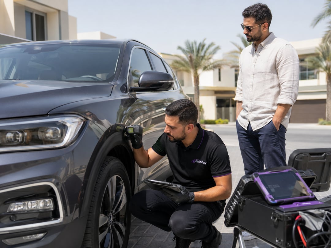 AutoFay inspector performing a body and computer inspection on a vehicle