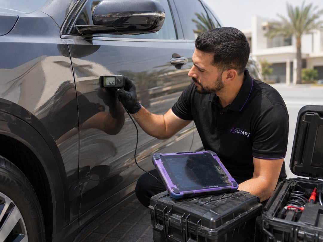 AutoFay inspector running an OBD computer diagnostic scan inside a vehicle