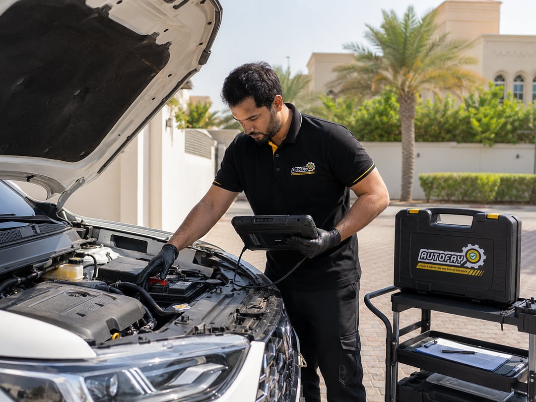 Technician checking engine bay, battery and fluids